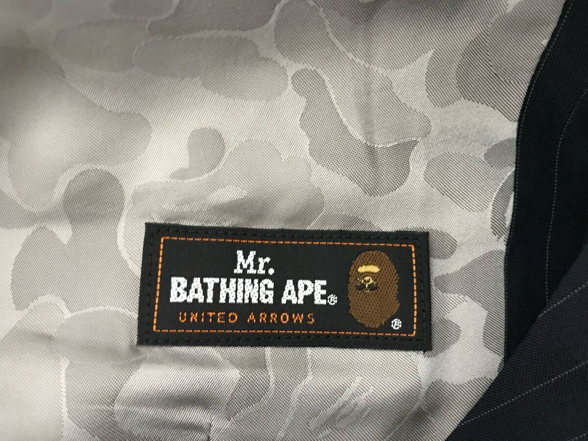 本物エイプAPEユナイテッドアローズMr.BATHINGAPEウールストライプ柄ベストジレメンズサーフストリート紺ネイビーシルバー柄46M日本製_画像4