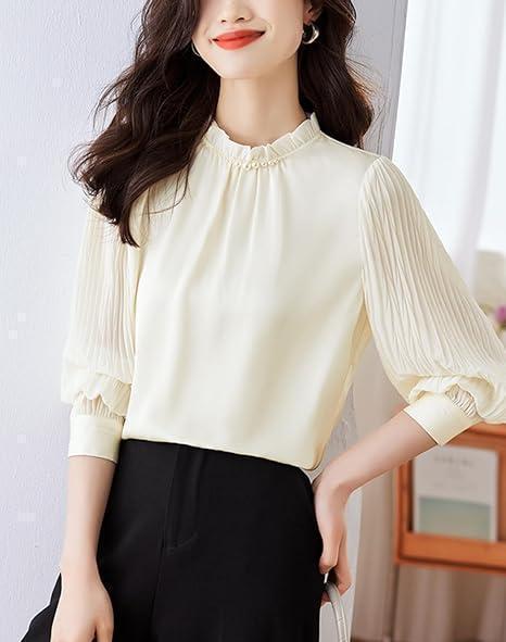 390 【Ｍ】ベージュ ブラウス ハイネック 体型カバー 無地 おしゃれ_画像3