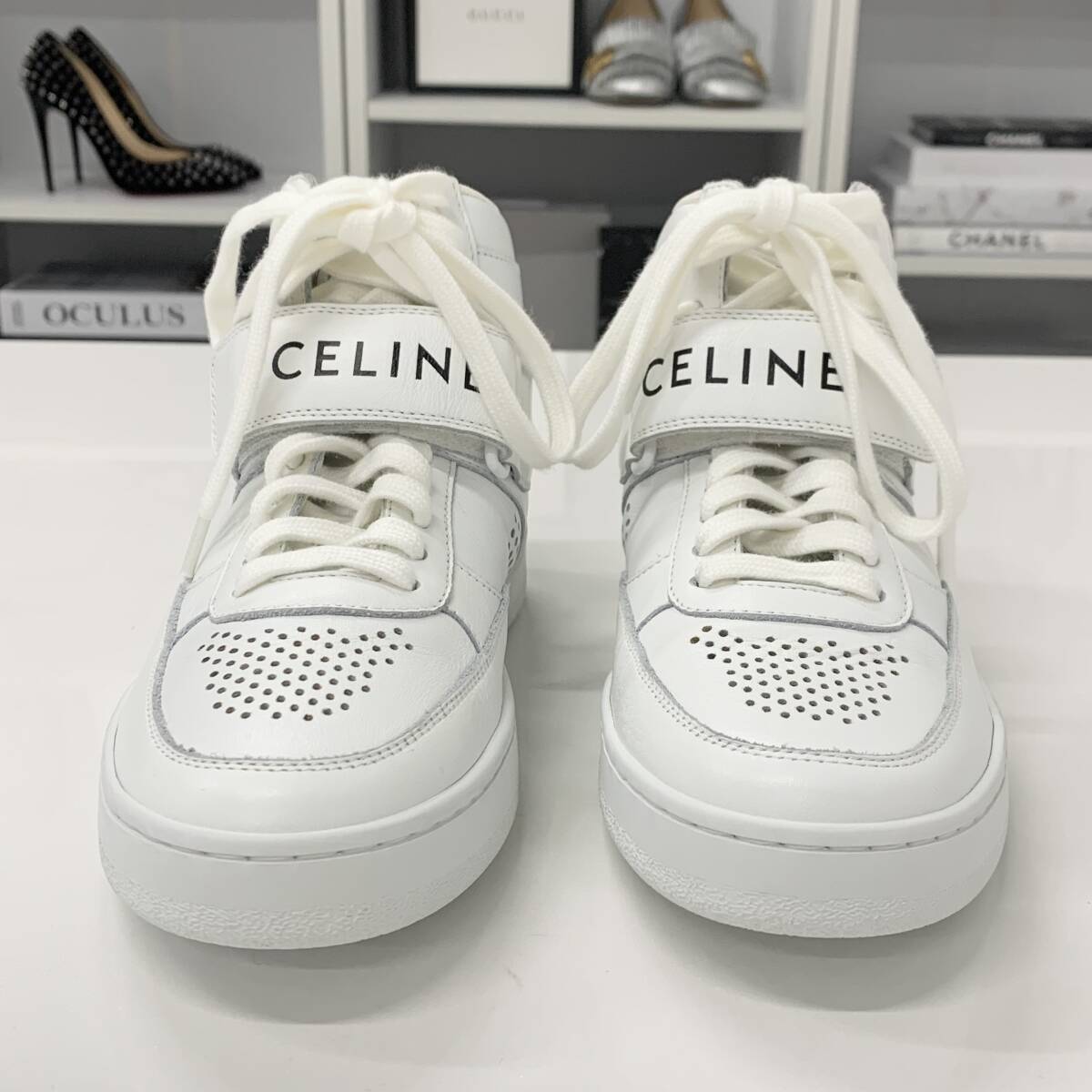 M11724 セリーヌ CT-03 レザー ハイカット スニーカー ロゴ ベルクロ ホワイト_画像3