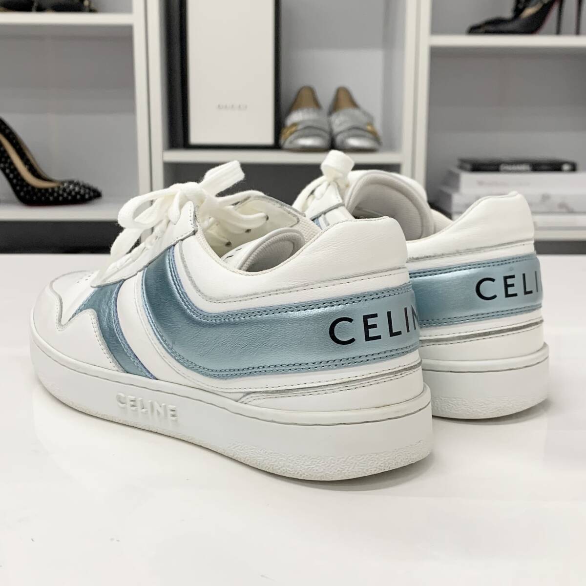 M11770 セリーヌ レザー ロゴ スニーカー ホワイト ブルー_画像4