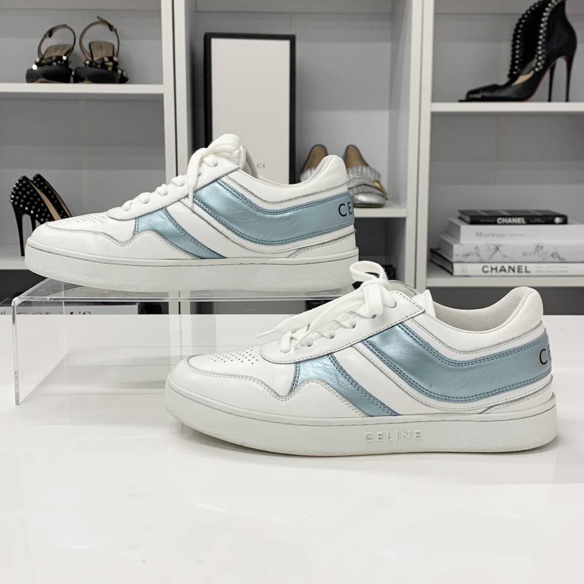 M11770 セリーヌ レザー ロゴ スニーカー ホワイト ブルー_画像3
