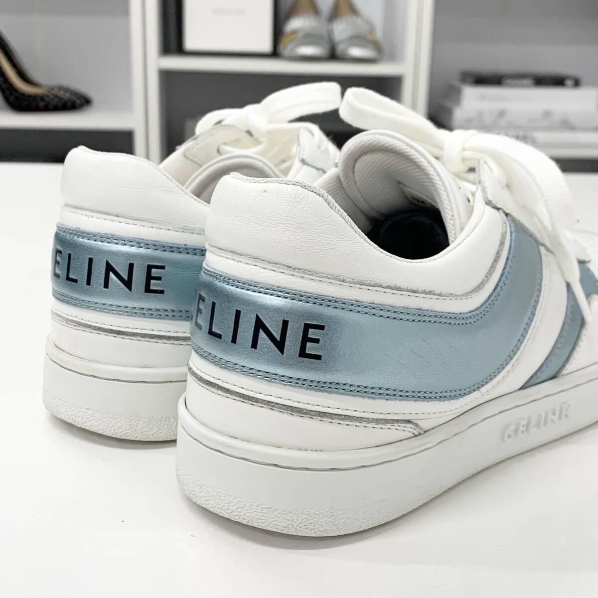 M11770 セリーヌ レザー ロゴ スニーカー ホワイト ブルー_画像9