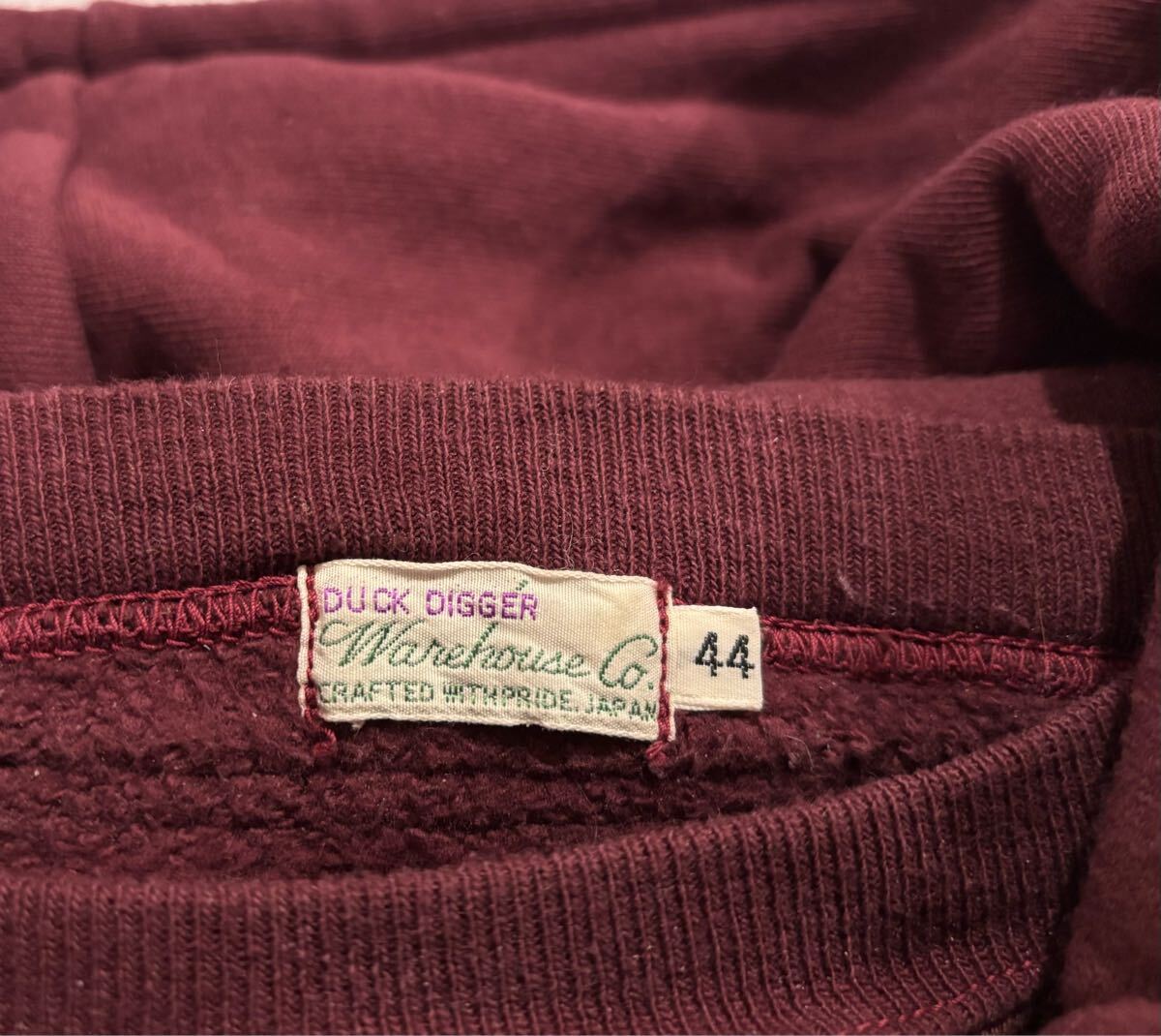 WAREHOUSE Lot.469 ウエアハウス 後付け スウェット パーカー ダッグディガー ボルドー サイズ44 ヴィンテージ 復刻 吊り編み _画像6