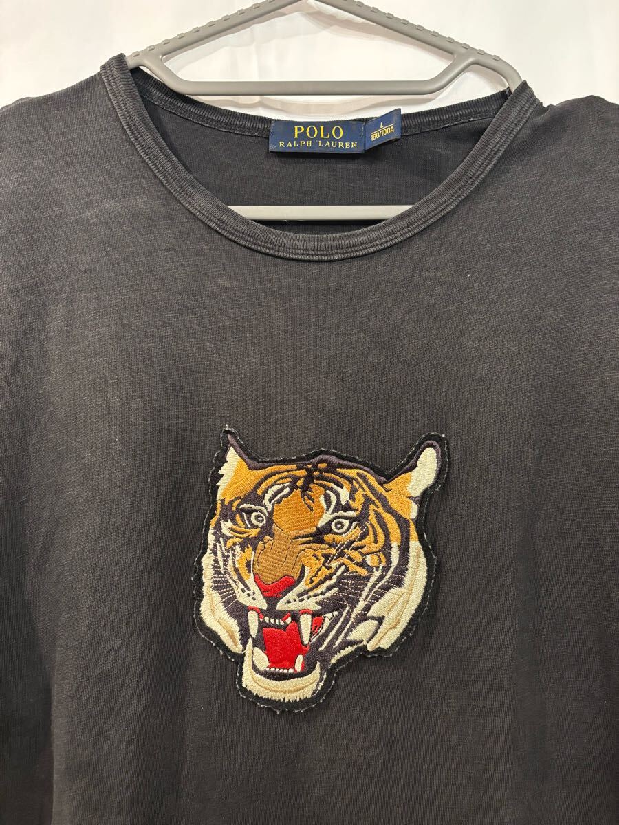 POLO RALPH LAUREN ポロ ラルフローレン Tシャツ カットソー 半袖 トラ 虎 ワッペン クルーネック 丸首 M 黒 ブラック 背番号10_画像2