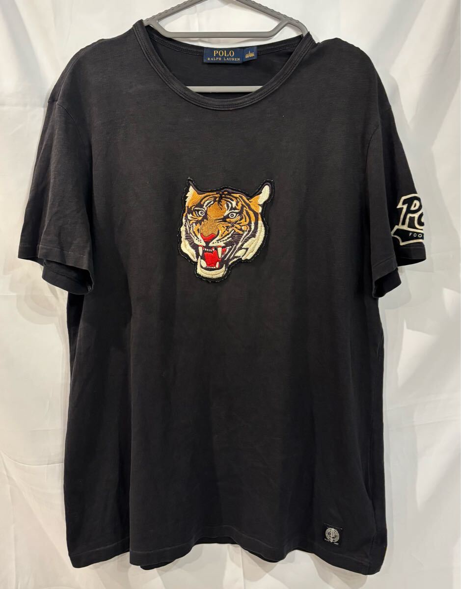 POLO RALPH LAUREN ポロ ラルフローレン Tシャツ カットソー 半袖 トラ 虎 ワッペン クルーネック 丸首 M 黒 ブラック 背番号10_画像1