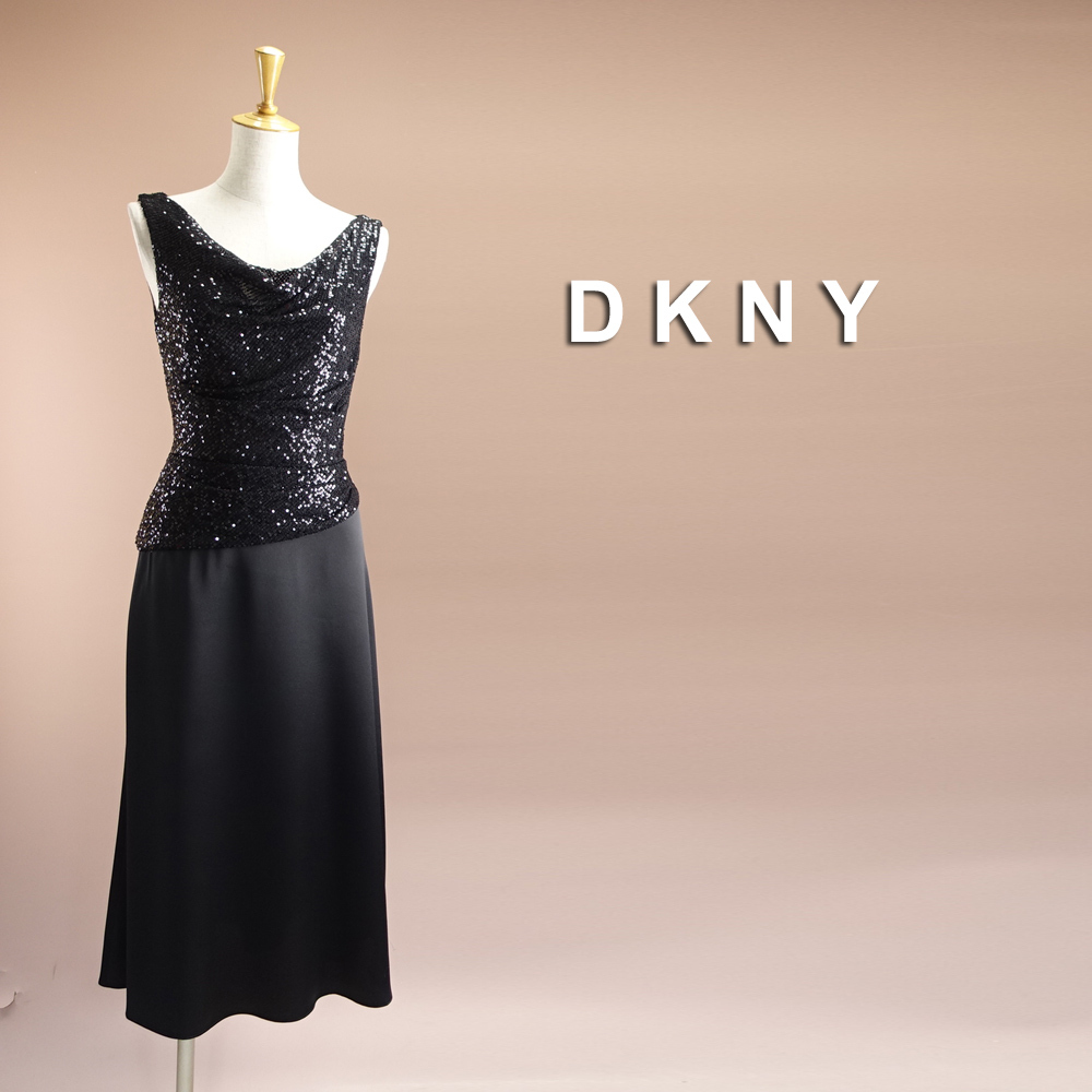 新品DKNYダナキャラン 7號 9號 黒 スパンコール ドレープ ロング フレア ワンピース パーティドレス ノースリーブ 慶華31Y1303