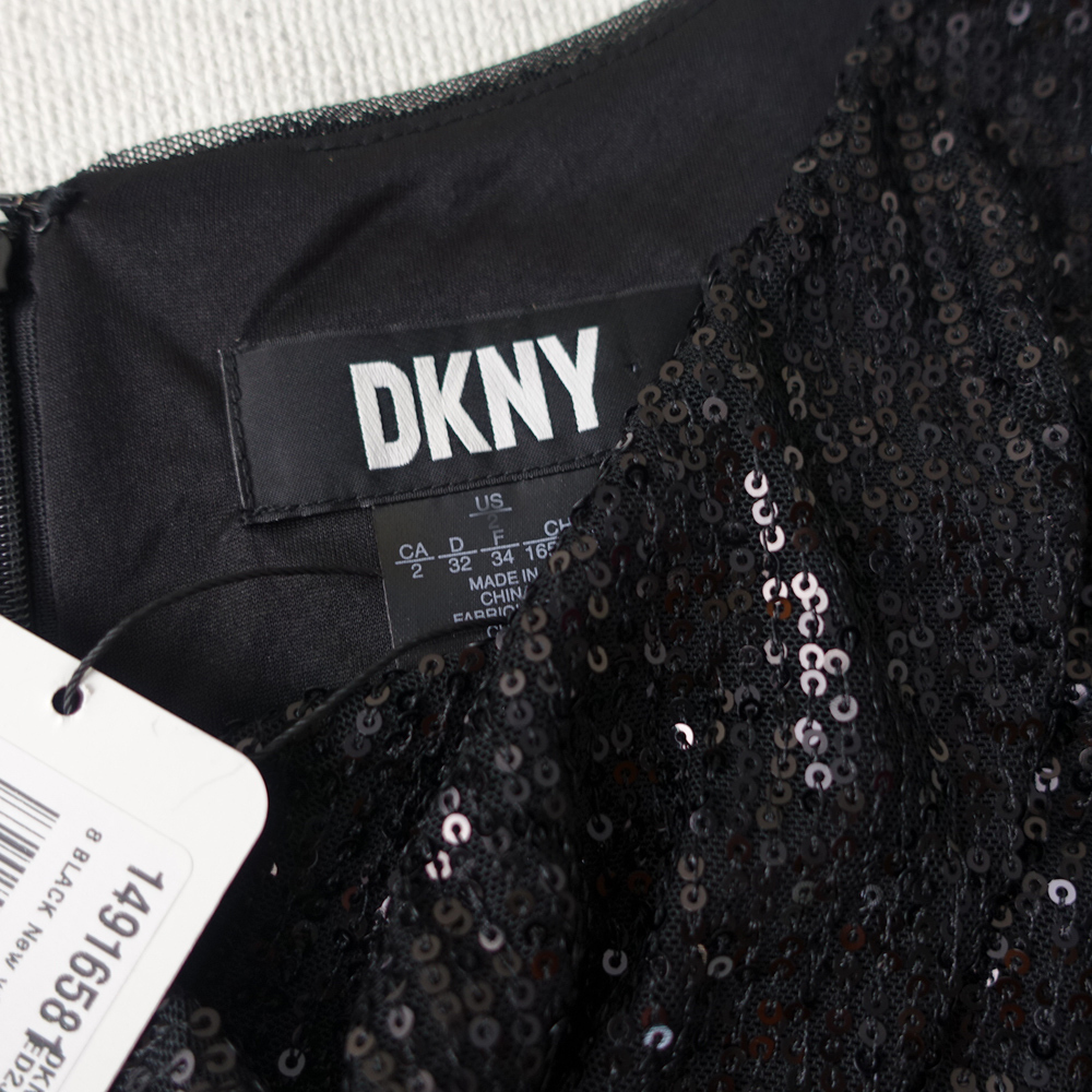 新品DKNYダナキャラン 7號 9號 黒 スパンコール ドレープ ロング フレア ワンピース パーティドレス ノースリーブ 慶華31Y1303