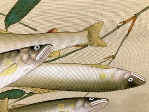 模写】粟津魏三郎「鮎図」絹本箱付 堂本印象師事 奈良の人 検)魚 模写】粟津魏三郎「鮎図」絹本箱付 堂本印象師事 奈良の人 検)魚