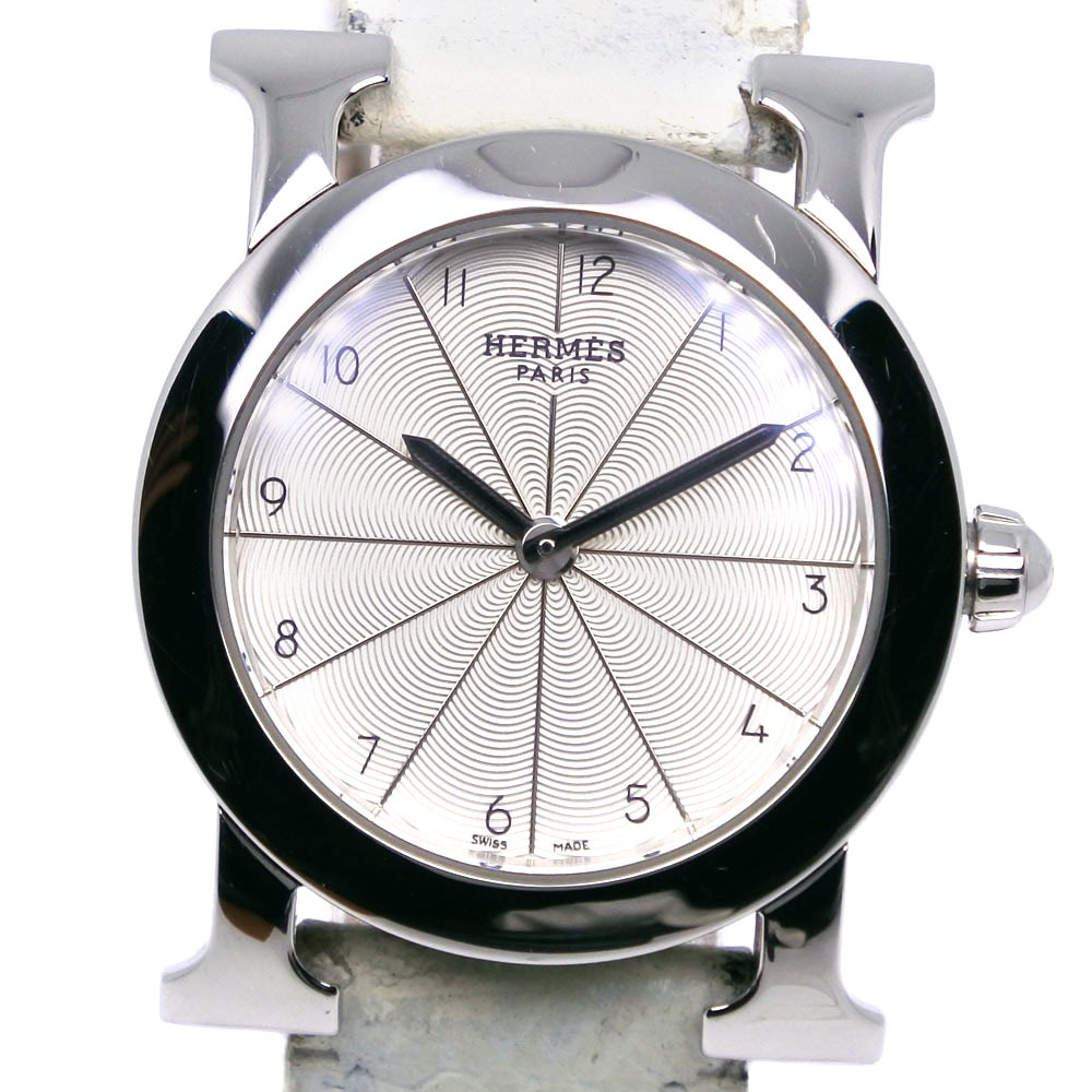 HERMES エルメス Ｈウォッチ HR1.210 腕時計 SS×型押しレザー クオーツ アナログ表示 レディース シルバー文字盤中古
