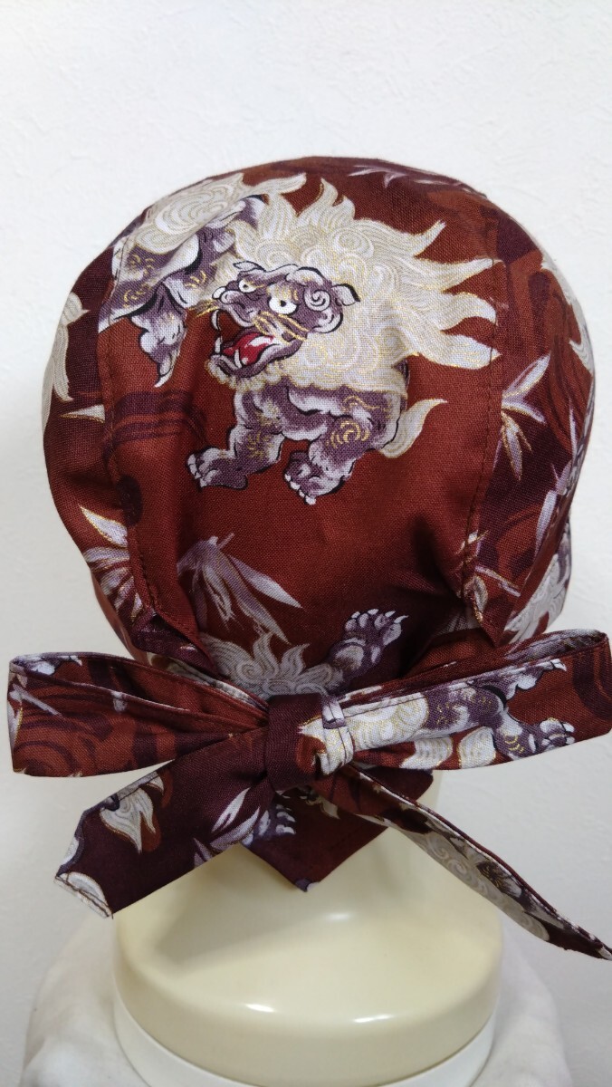 短★バンダナキャップ★ハンドメイド　和柄　獅子　笹　レンガ色