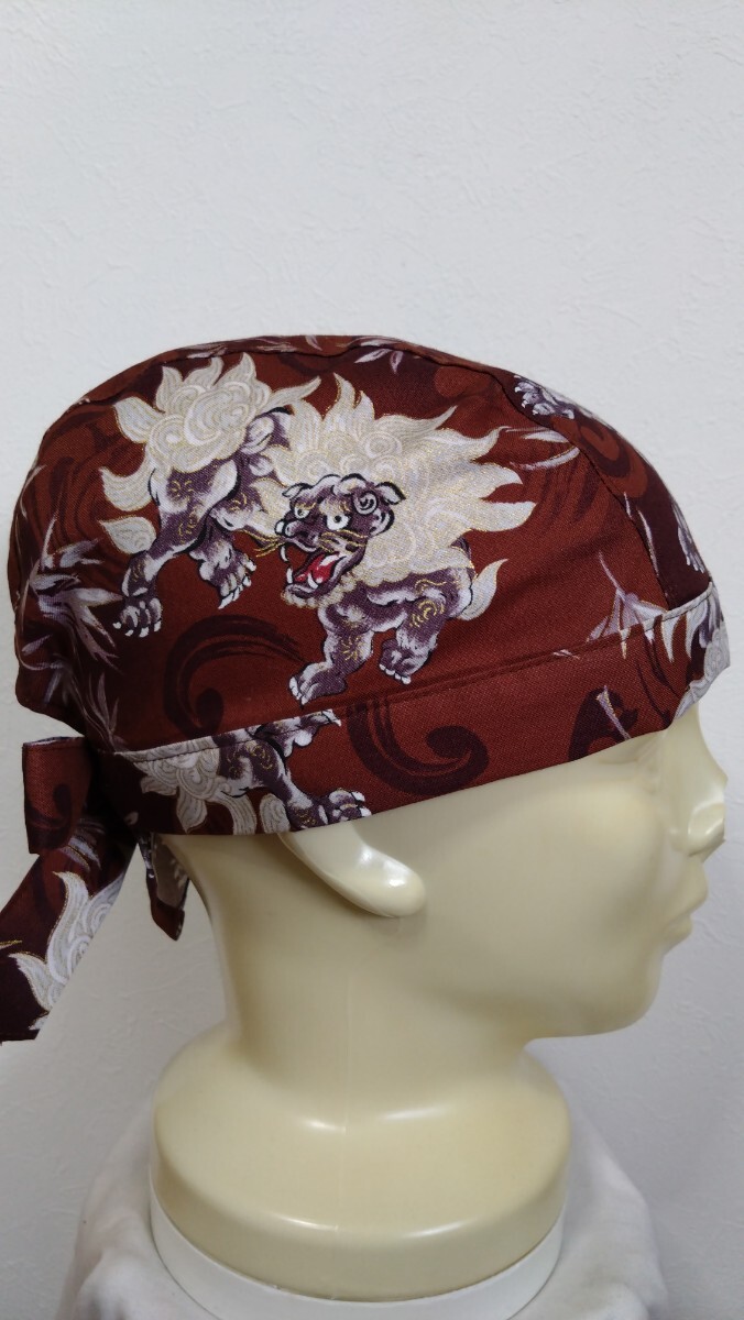 短★バンダナキャップ★ハンドメイド　和柄　獅子　笹　レンガ色