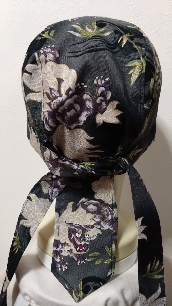★バンダナキャップ★ハンドメイド　和柄　獅子　笹　黒