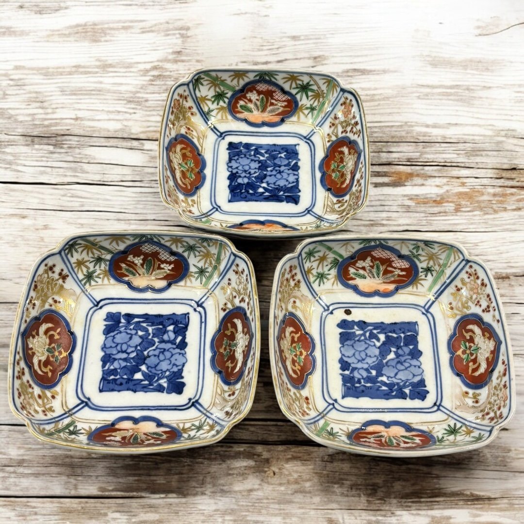 FU10】3客セット 豪華金彩 色絵 富貴長春 豪華 竹梅 手描き 古 FU10】3客セット 豪華金彩 色絵 富貴長春 豪華 竹梅 手描き 古