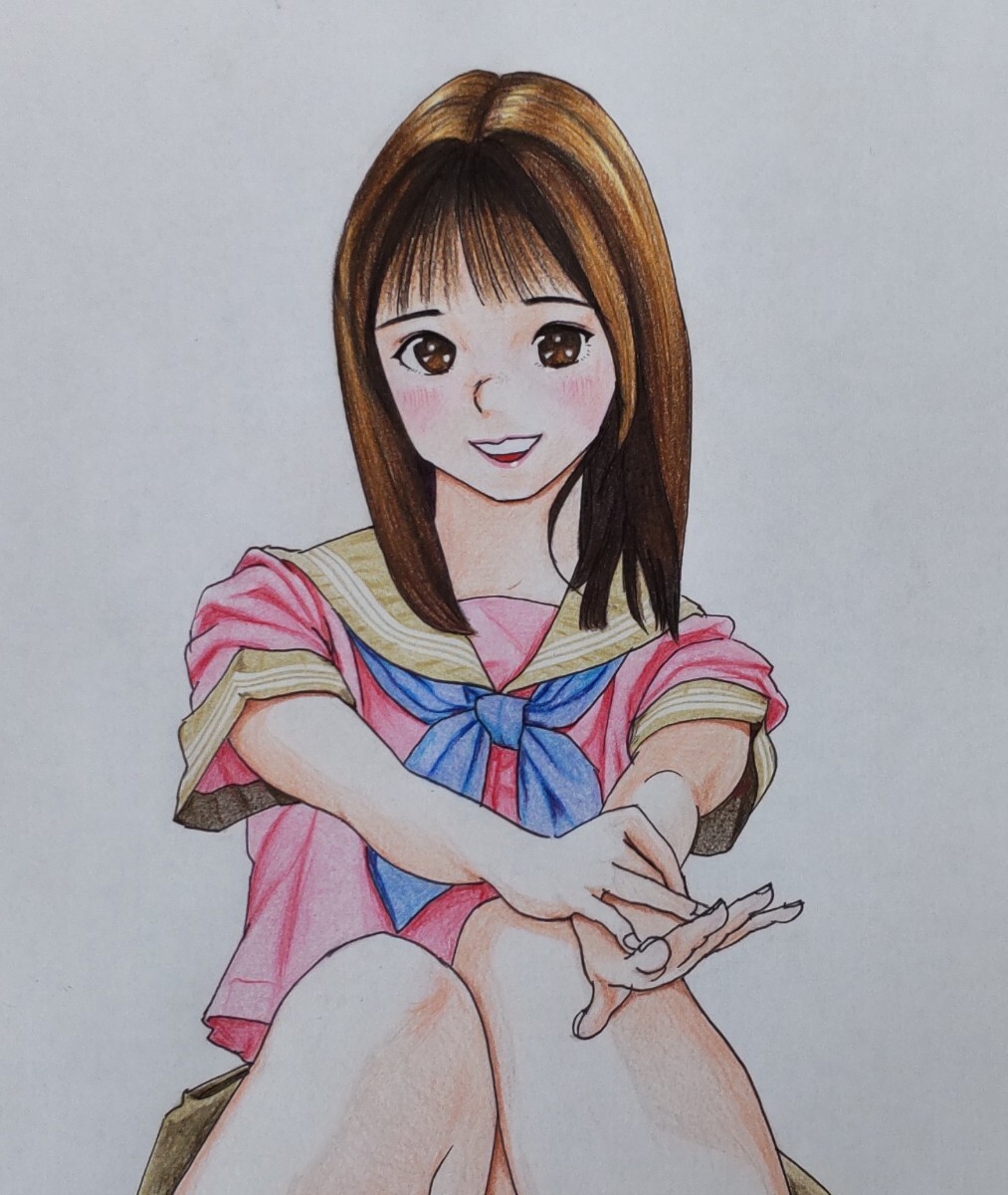 手描きイラスト A4サイズ 色鉛筆画 セーラー服 ヤッホー島パンツ 手描きイラスト A4サイズ 色鉛筆画 セーラー服 ヤッホー島パンツ