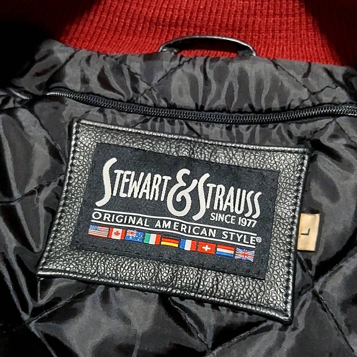 Stewart & Strauss 袖革ウールスナップボタンスタジャン バーシティジャケット カーディナルレッド/ゴールド USメンズL MADE IN USA