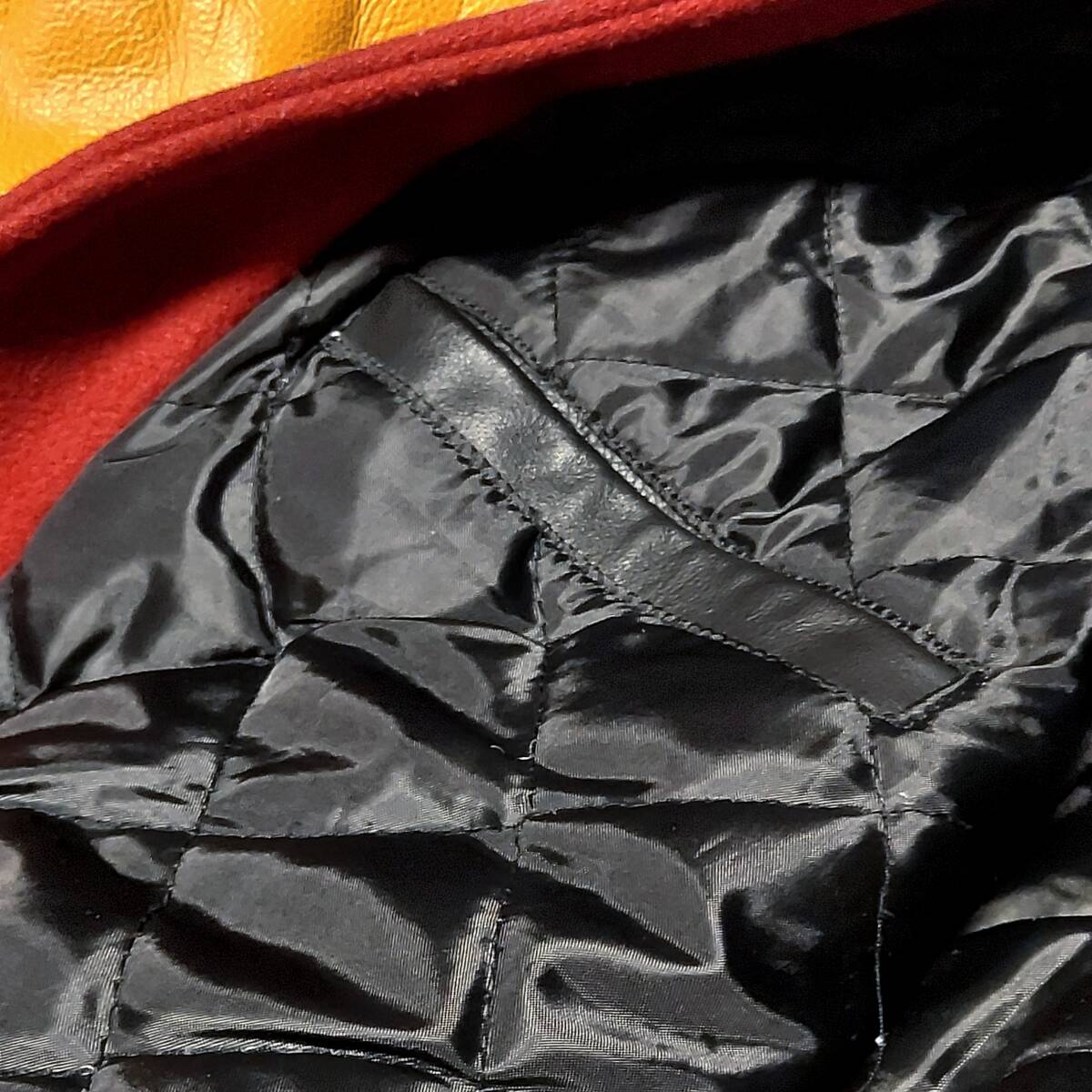 Stewart & Strauss 袖革ウールスナップボタンスタジャン バーシティジャケット カーディナルレッド/ゴールド USメンズL MADE IN USA