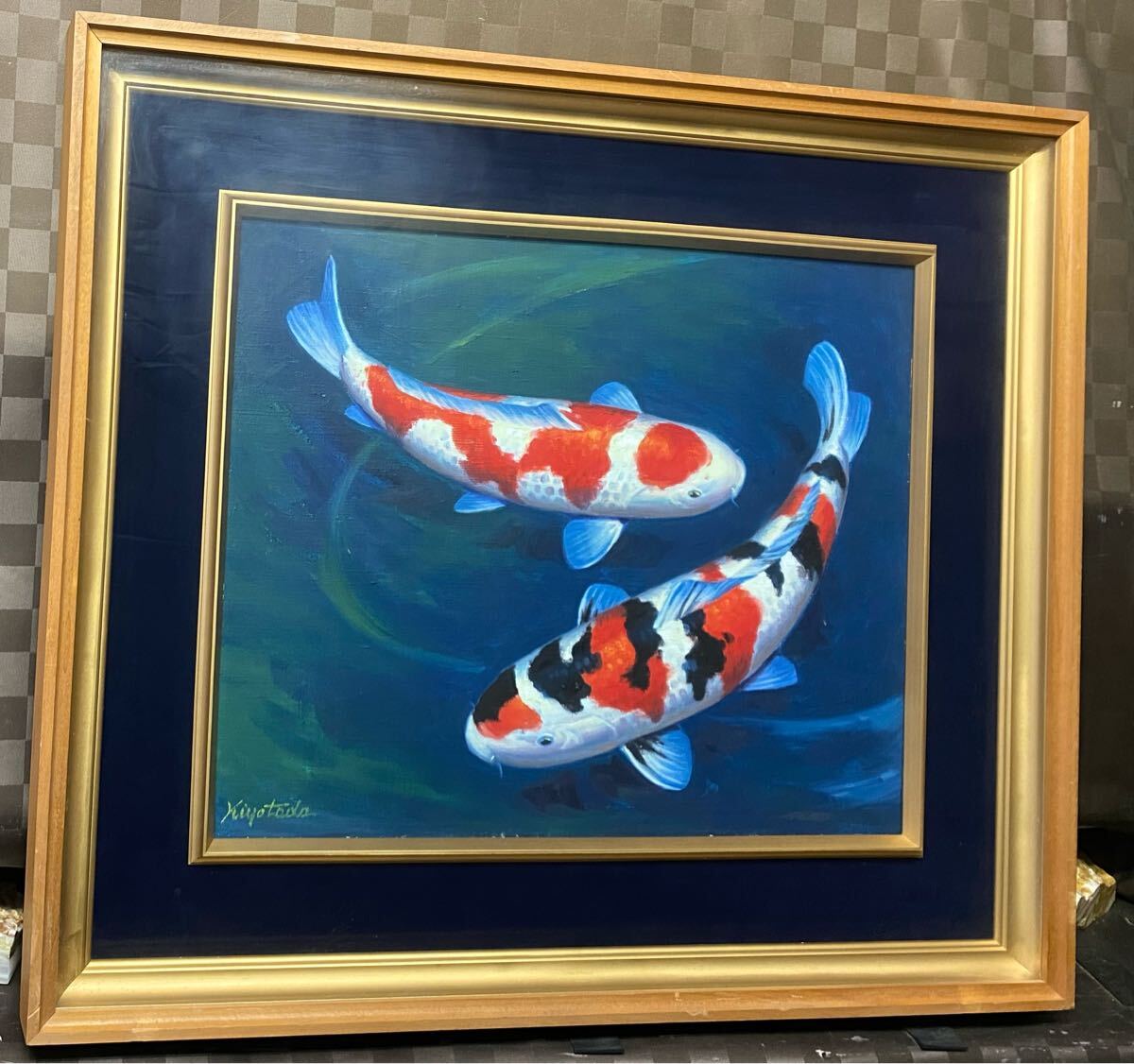真作 油彩画 油絵 作者不明 kiyotada 鯉 錦鯉 F8号 額縁 額装