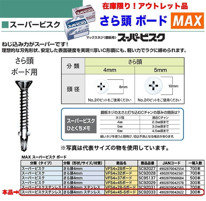 【在庫限り！アウトレット品】 〈MAX〉スーパービスクステンレス さら頭4mm ステンレス VFS4×45-Sボード 〔1箱?300本入り〕 【オススメ】