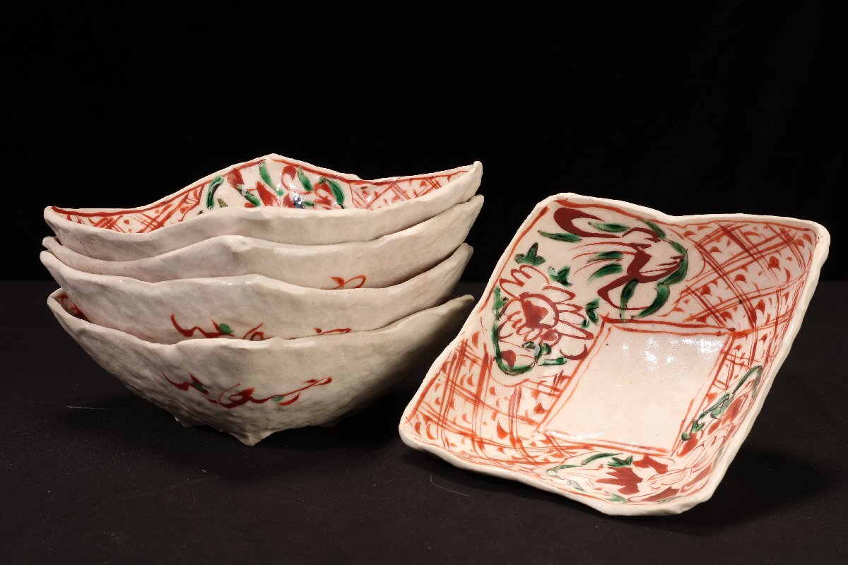 珍品堂】1円から 有田焼 黒岩卓実 赤絵四角小鉢 5客 紙箱 懐石 珍品堂】1円から 有田焼 黒岩卓実 赤絵四角小鉢 5客 紙箱 懐石