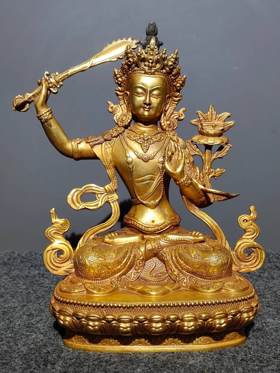 銅製 塗金 文殊菩薩像 置物 古賞物 古美術品 稀少珍蔵品