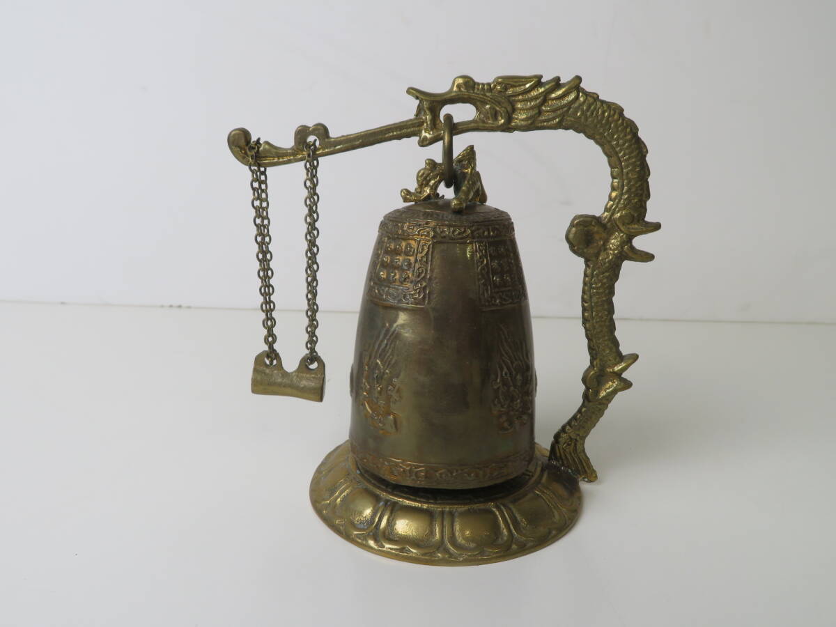 ◇喚鐘 蓮華座 龍柱鐘架付 全高14.5cm 総重約578g 真鍮製 半鐘 ◇喚鐘 蓮華座 龍柱鐘架付 全高14.5cm 総重約578g 真鍮製 半鐘
