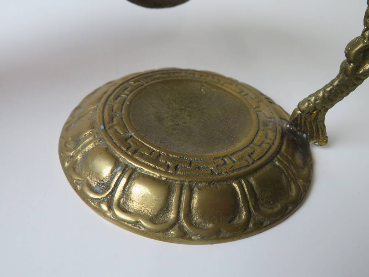 ◇喚鐘 蓮華座 龍柱鐘架付 全高14.5cm 総重約578g 真鍮製 半鐘 ◇喚鐘 蓮華座 龍柱鐘架付 全高14.5cm 総重約578g 真鍮製 半鐘