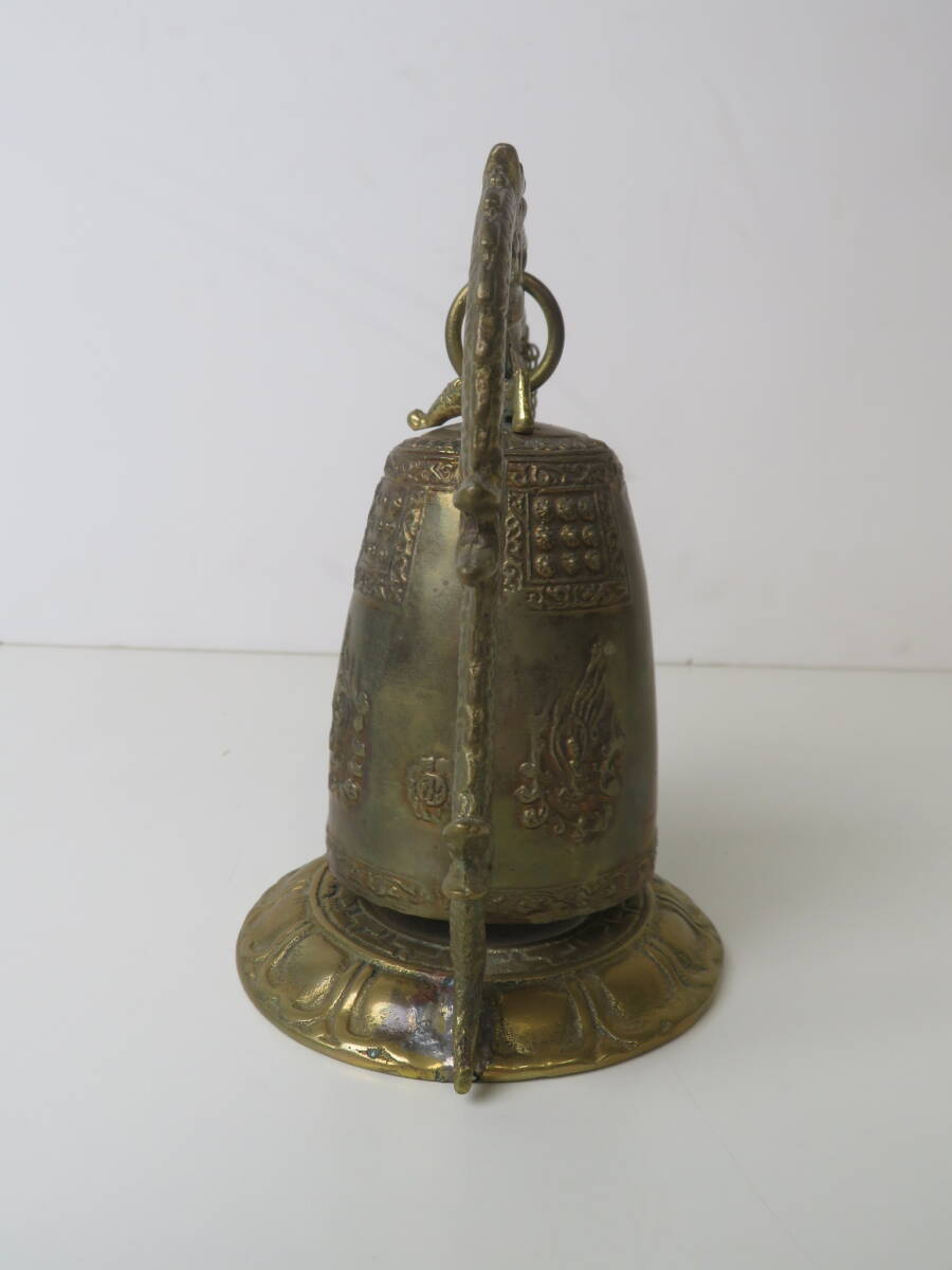 ◇喚鐘 蓮華座 龍柱鐘架付 全高14.5cm 総重約578g 真鍮製 半鐘 ◇喚鐘 蓮華座 龍柱鐘架付 全高14.5cm 総重約578g 真鍮製 半鐘