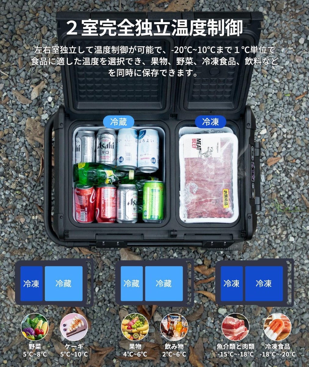 JESIMAIK 車載冷蔵庫 E45 45L -20℃~10℃ 2室独立温度制御 急速冷凍 2フタ開き コンプレッサー式 バッテリー内蔵可能 伸縮ハンドル付き 
