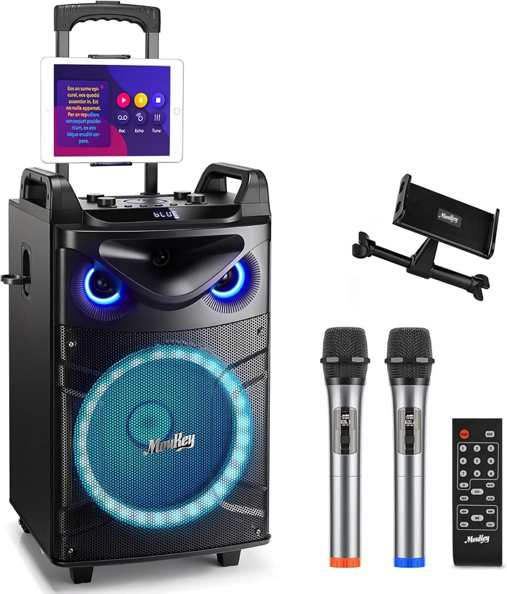 Moukey ワイヤレスマイク スピーカーセット PAセット 出力200W カラオケセット PAセット 12インチサブウーファー Bluetooth対応 