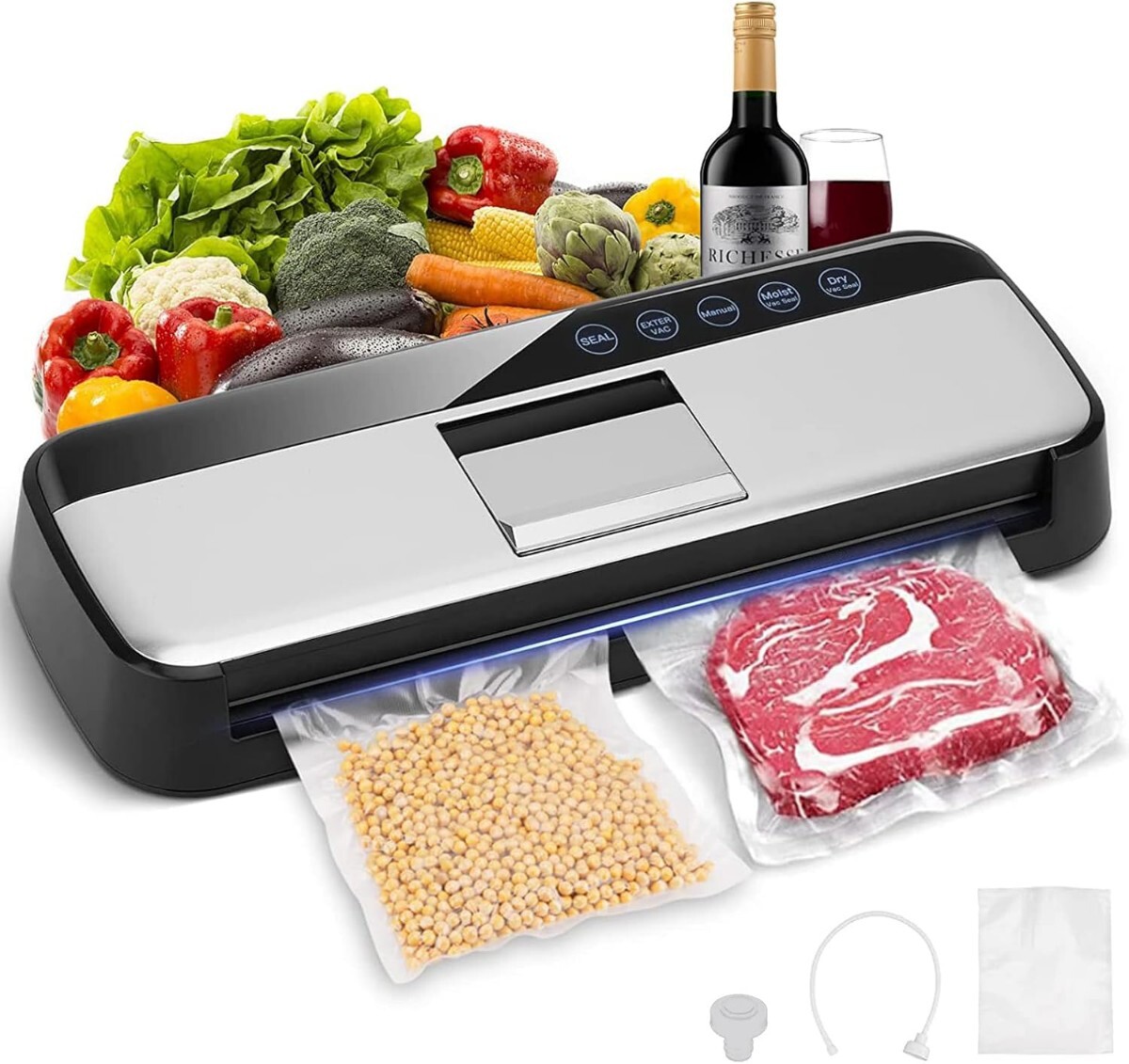 TEZILON 真空パック機(jī) 家庭用 自動(dòng) 干濕対応 85Kpa 業(yè)務(wù)用 全自動(dòng) 真空シーラー 脫気密封 鮮度長持ち 5つのモード シール/ホース吸引