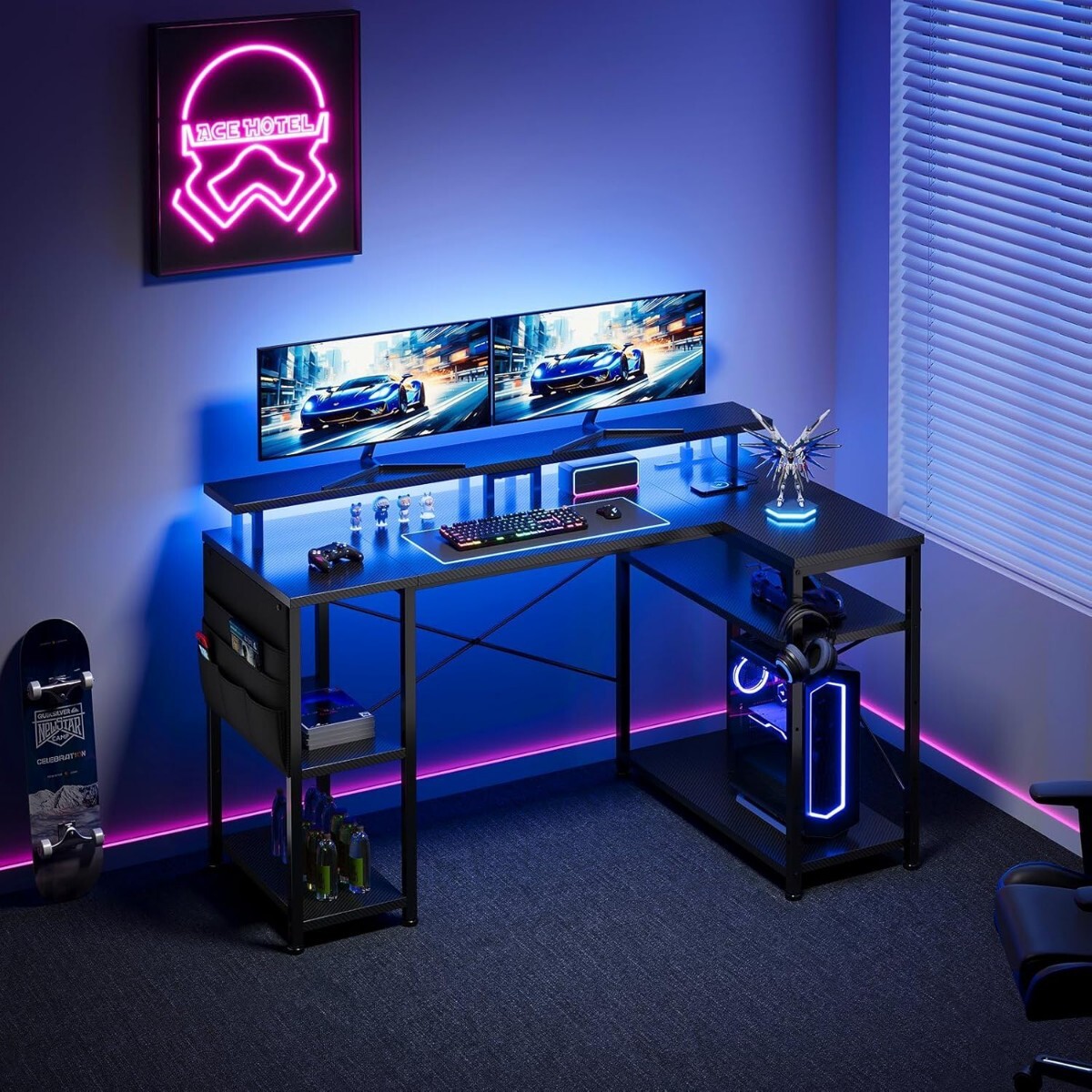 ゲーミングデスク幅130cm l字デスク LEDライト付きデスク pcデスク パソコンデスク ゲーミングデスク ゲームデスク gaming desk 
