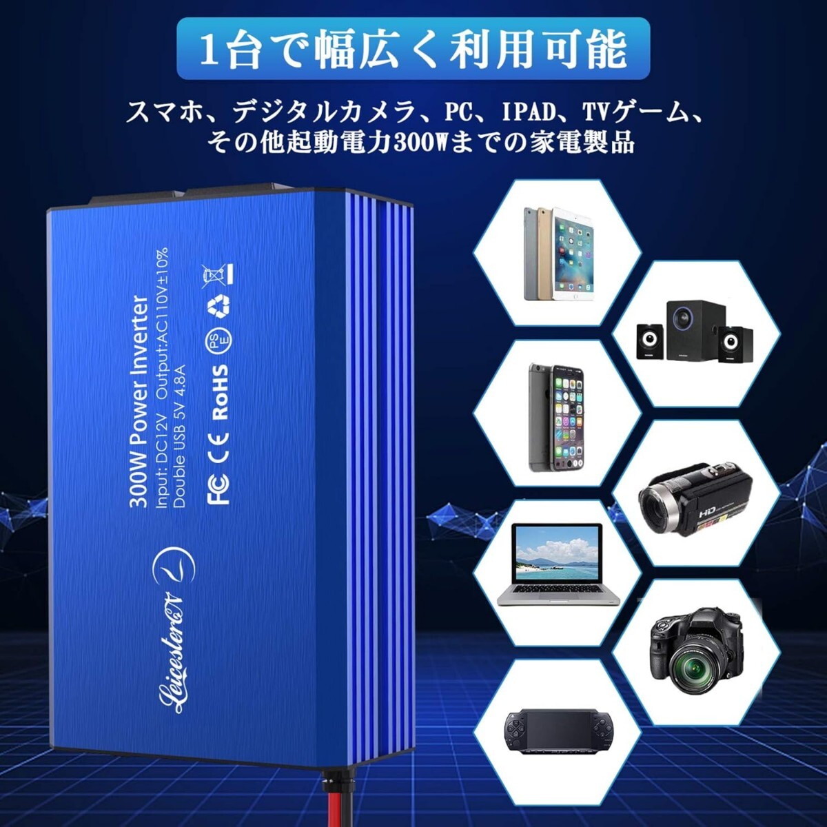 LST インバーター 300W シガーソケット コンセント 急速充電対応 カーインバーター DC12VをAC100Vに変換 車載充電器 USB-Aポート*2 AC100V_画像2