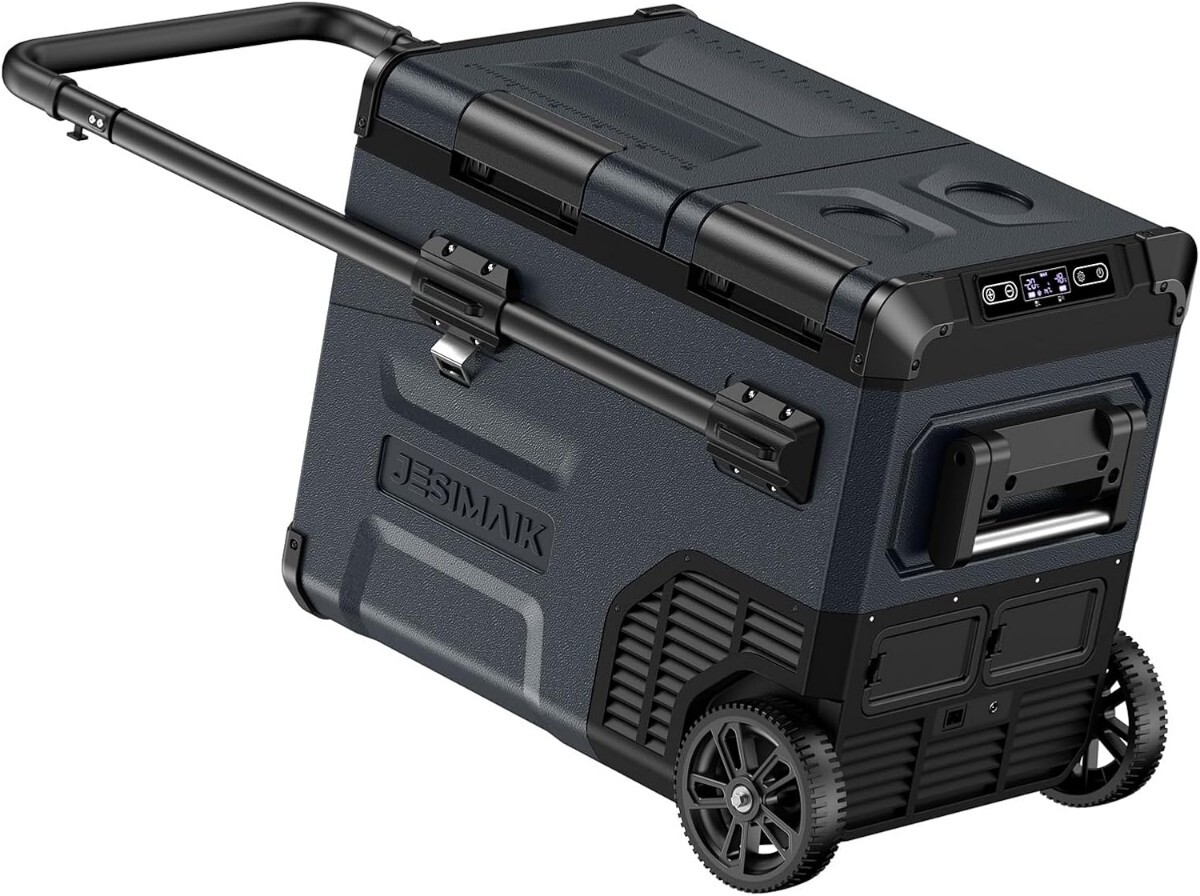 JESIMAIK 車載冷蔵庫 E45 45L -20℃~10℃ 2室独立温度制御 急速冷凍 2フタ開き コンプレッサー式 バッテリー内蔵可能 伸縮ハンドル付き 