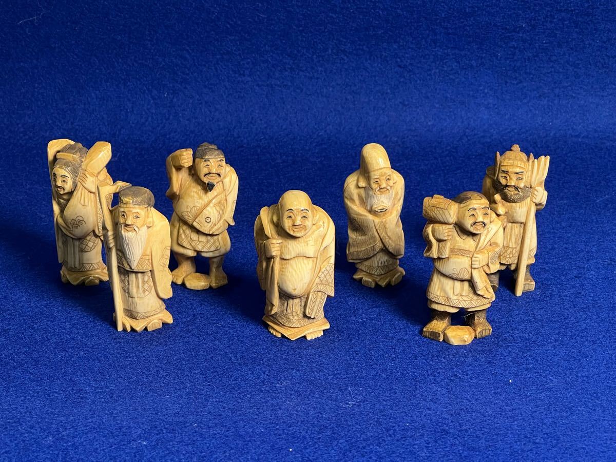 象牙風 七福神 置物 7点揃 総重量約260g 在銘 根付 彫刻 時代 象牙風 七福神 置物 7点揃 総重量約260g 在銘 根付 彫刻 時代