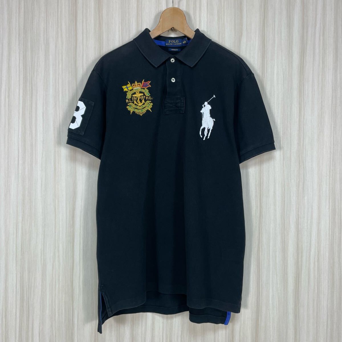 ☆現(xiàn)行タグ☆POLO ポロラルフローレン ビッグポニー ナンバリング 半袖ポロシャツ ラガーシャツ L ブラック 両脇エア通気口 アメカジ 古著