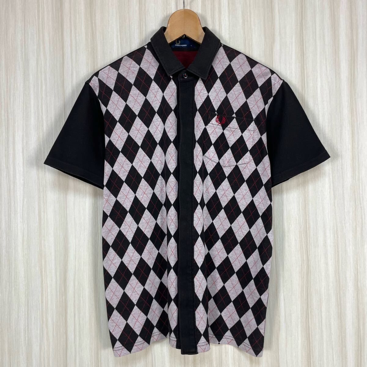 ☆希少☆國內(nèi)正規(guī)品☆FRED PERRY フレッドペリー アーガイル柄 半袖ポロシャツ 前開 サイズL 刺繍ロゴ 月桂樹 胸ポケット ロゴボタン 古著