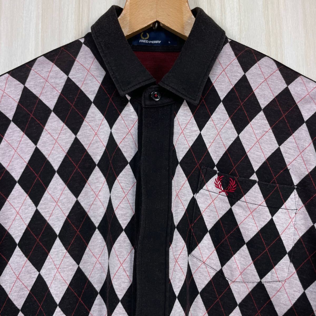 ☆希少☆國內(nèi)正規(guī)品☆FRED PERRY フレッドペリー アーガイル柄 半袖ポロシャツ 前開 サイズL 刺繍ロゴ 月桂樹 胸ポケット ロゴボタン 古著