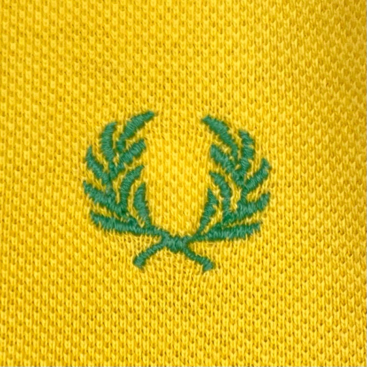 ☆英国製☆イングランド製☆フレッドペリー 刺繍ロゴ 月桂樹 半袖ポロシャツ L イエロー グリーンライン ツインティップド 鹿の子 古着