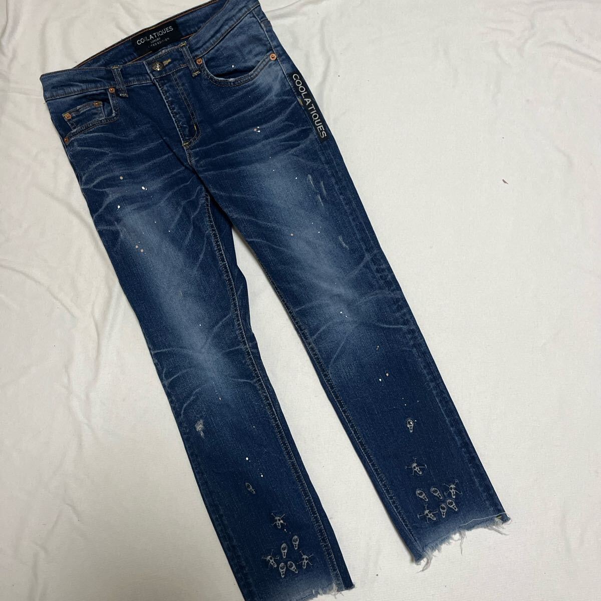 COOLA スカル刺繍 ペイント ダメージデニムパンツ 40_画像1