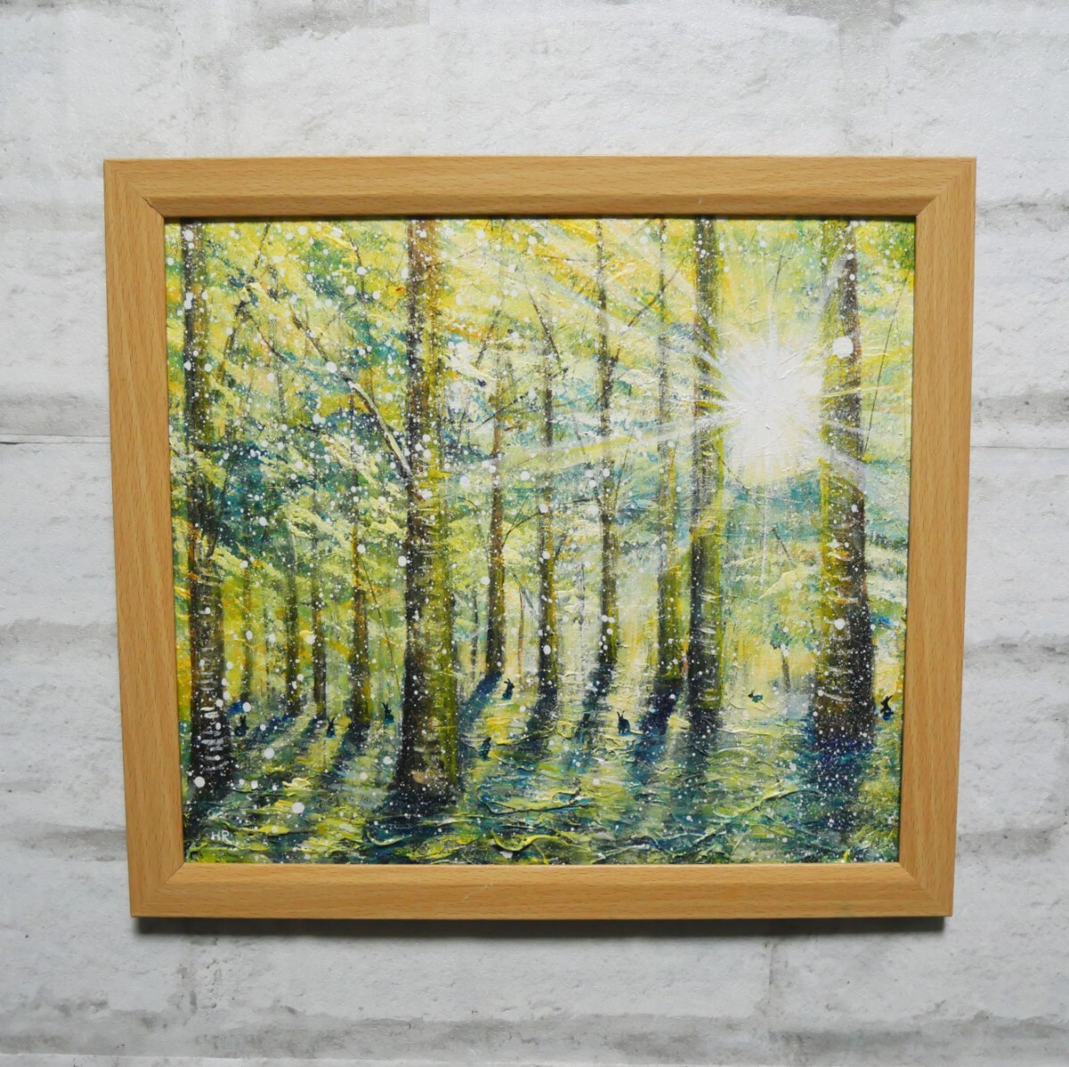 油絵 油彩 油彩画 絵 絵画 【雪の朝日小さいウサギ達】_画像1