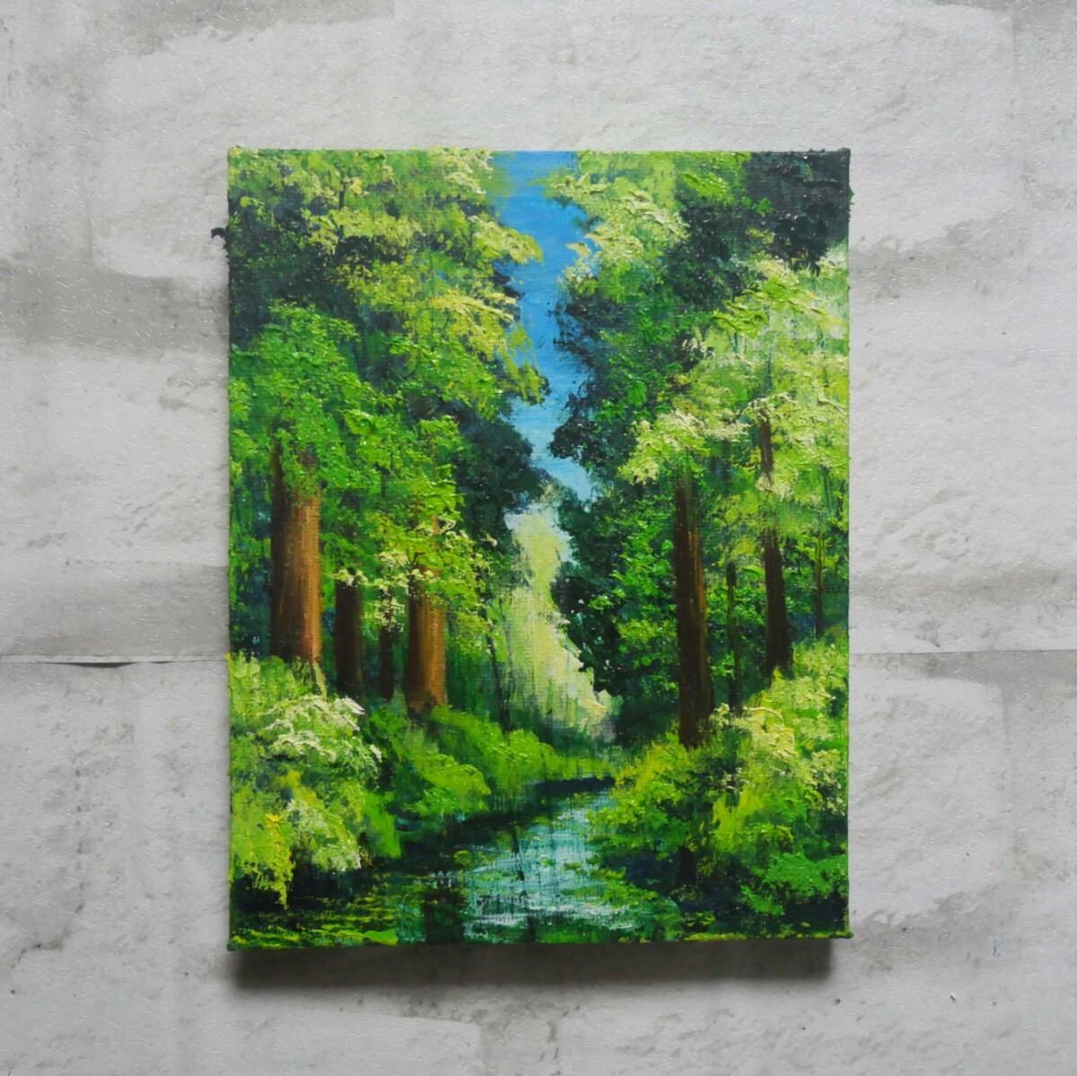 【真作】絵画　油彩8号　緑陰の小道　自然と光の調和　爽やかな風景画　W57 真作】絵画 油彩8号 緑陰の小道 自然と光の調和 爽やかな風景画