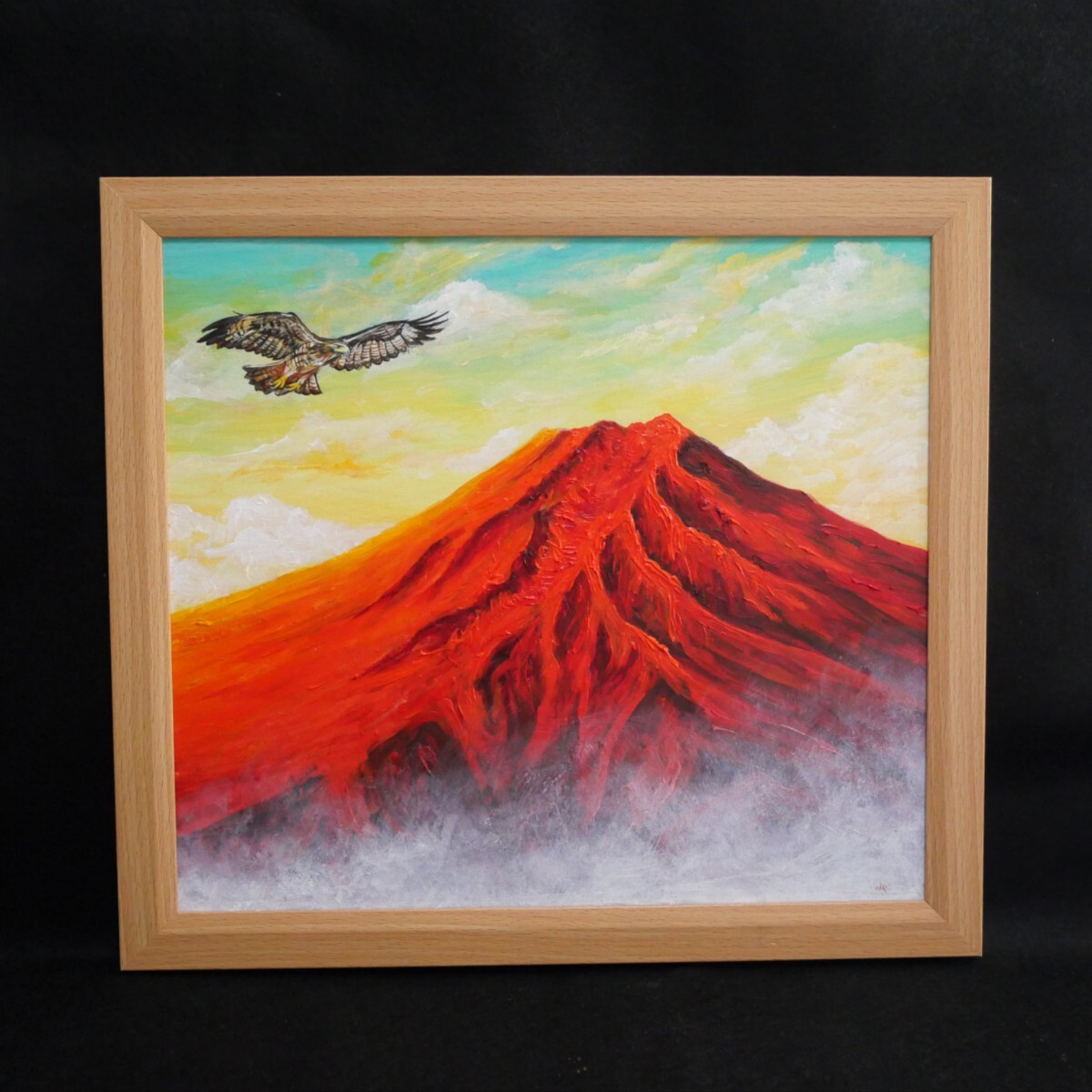 油彩画 自然の風景 赤い空と緑の木々