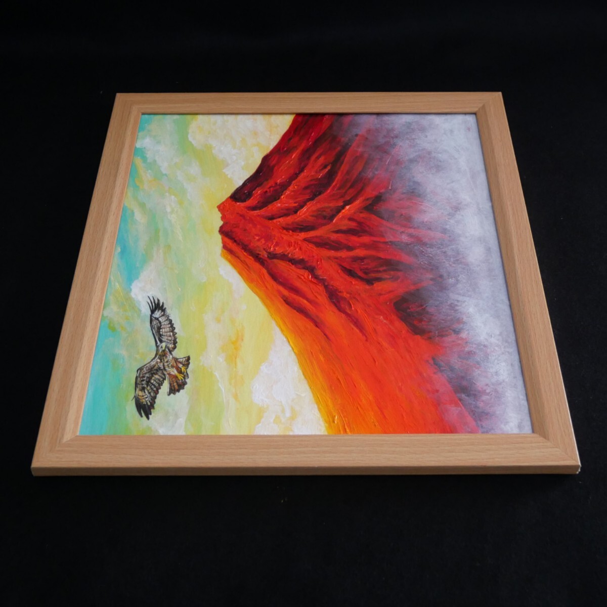 油絵 油彩 油彩画 絵 絵画 【富士山と鷹】 赤富士(自然、風景画