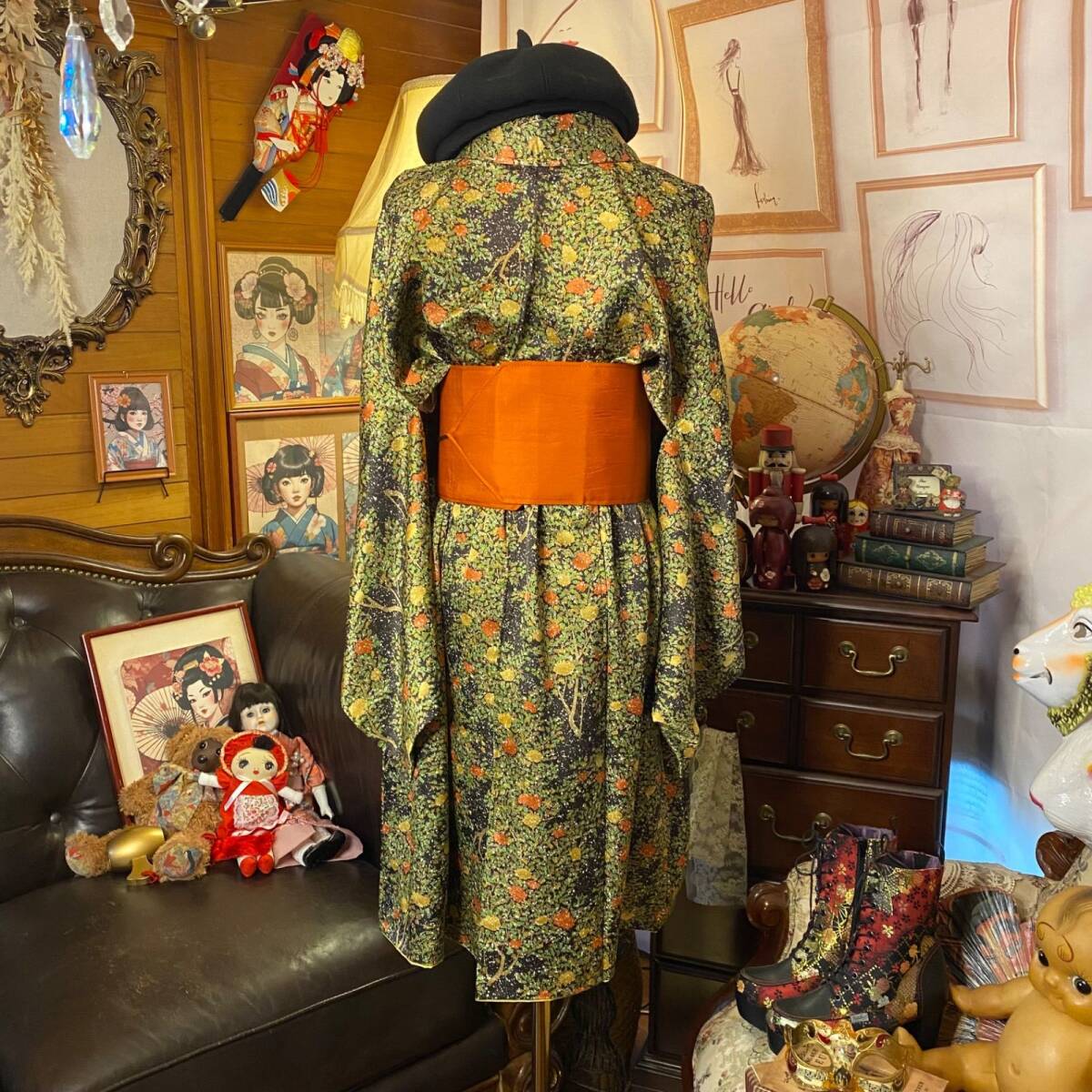 着物 リメイク ミニミディ ワンピース ドレス 洗える 化繊 帯ベルト 和洋折衷 レトロ 古着 ハンドメイド W-897