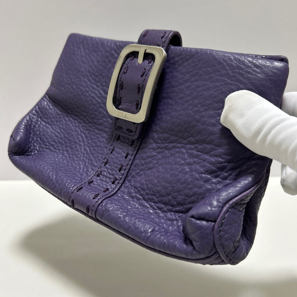 ☆美品☆ ◆COLE HAAN コールハーン　ポーチ　パープル◆　マグネット式ボタン メイクポーチ　紫　本革　B25240 【送料無料】0326