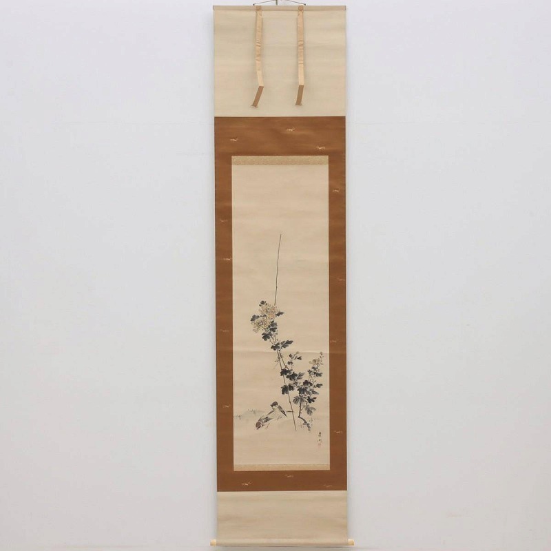 【糸瓜に蟷螂図】森白甫 2654 へちまにカマキリ 掛け軸　肉筆 真作】長沢蘆洲 長沢芦洲 掛軸 紙本 肉筆 彩色「菊雀図」