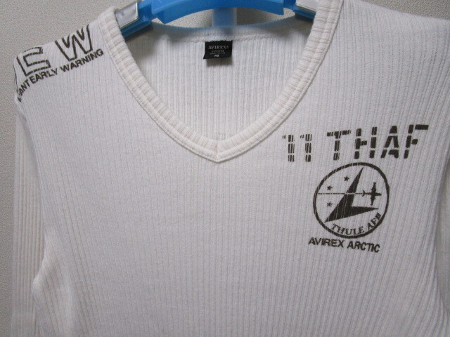 AVIREX ミリタリープリント?リブ地ロンTシャツ?M?白／ホワイト（アヴィレックスミリタリーロングスリーブシャツ）