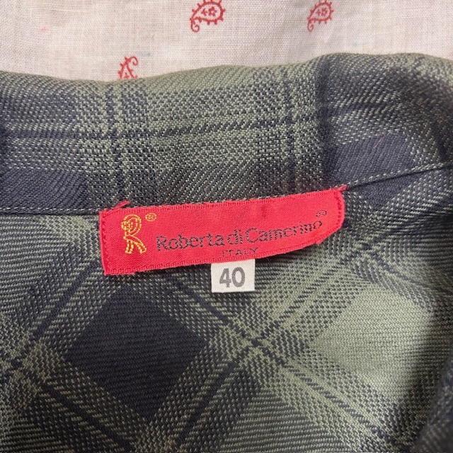 sh●846 ~90s Roberta di Camerino 変形合わせ チェックブラウス シャツ 40 深緑 オールド ヴィンテージ 長袖 薄手ウール 春秋冬_画像7