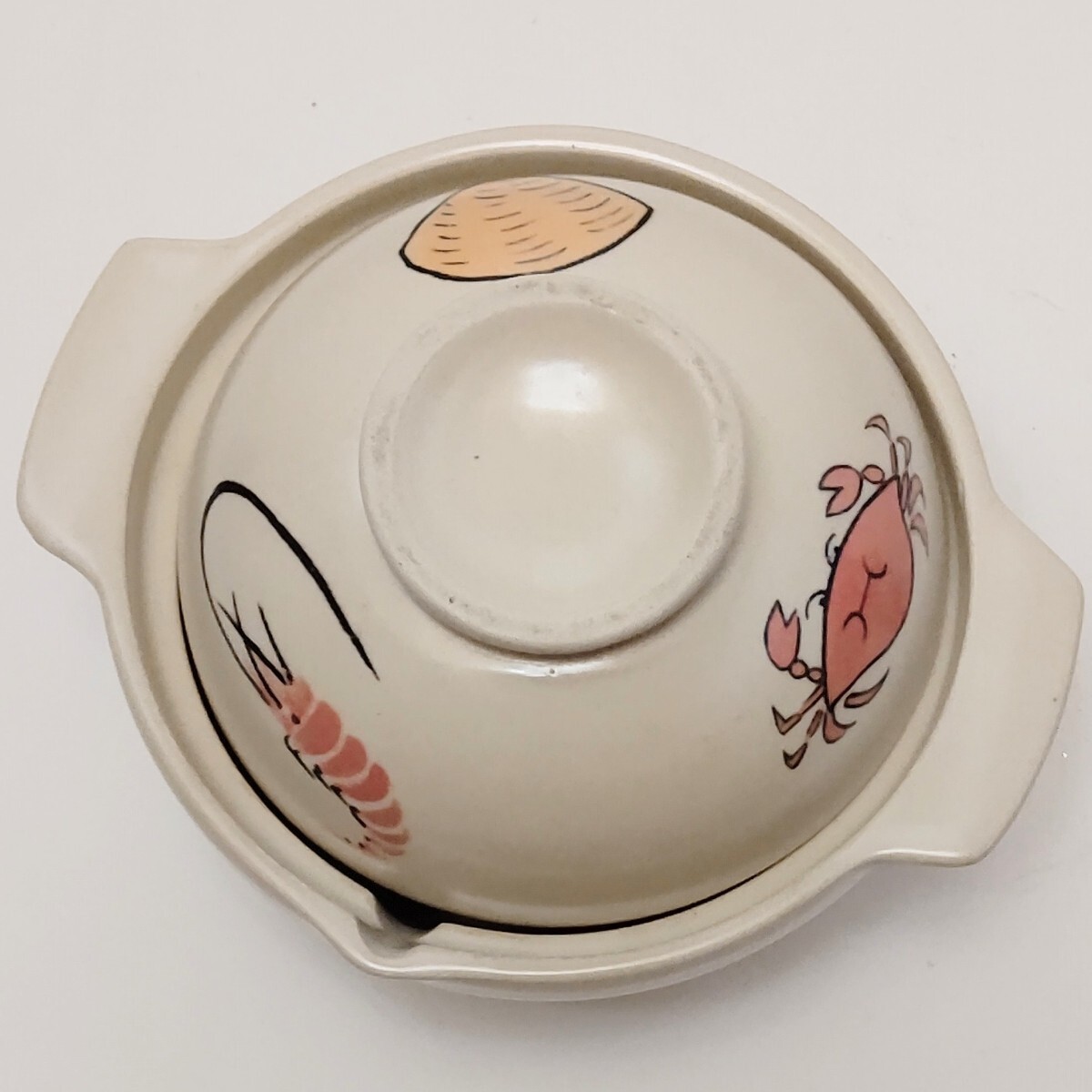 新品未使用 一人土鍋 雑炊鍋 蓋がお茶碗になってます。蟹 海老 貝 カニ エビ カイ