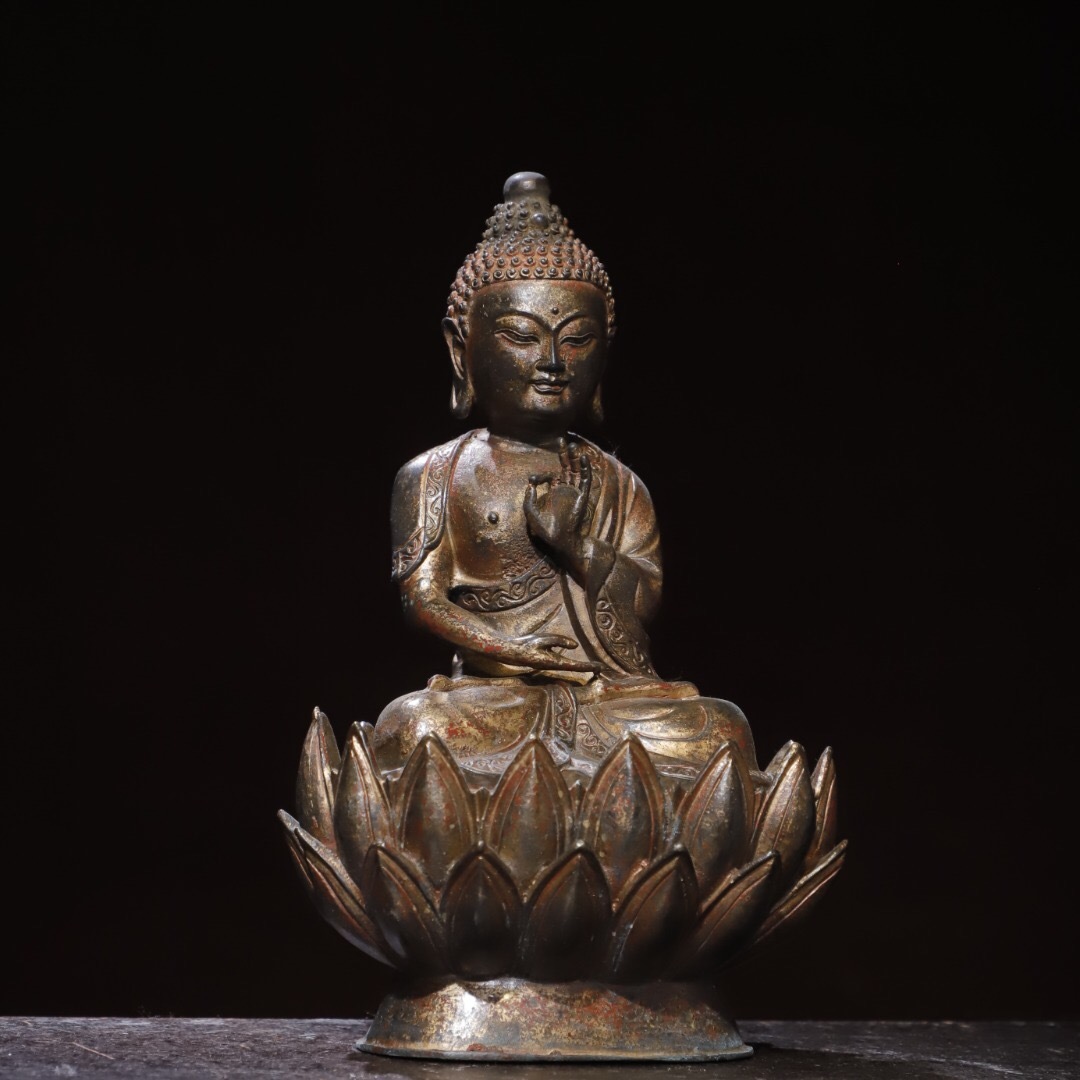 茶道具 古材 敷板 花入 茶道 華道 陶磁 仏像 金銅仏 仏教美術 骨董 古美術 仁】『銅製・泥金・釋迦牟尼像・仏教古美術・供養品』極細工 古賞